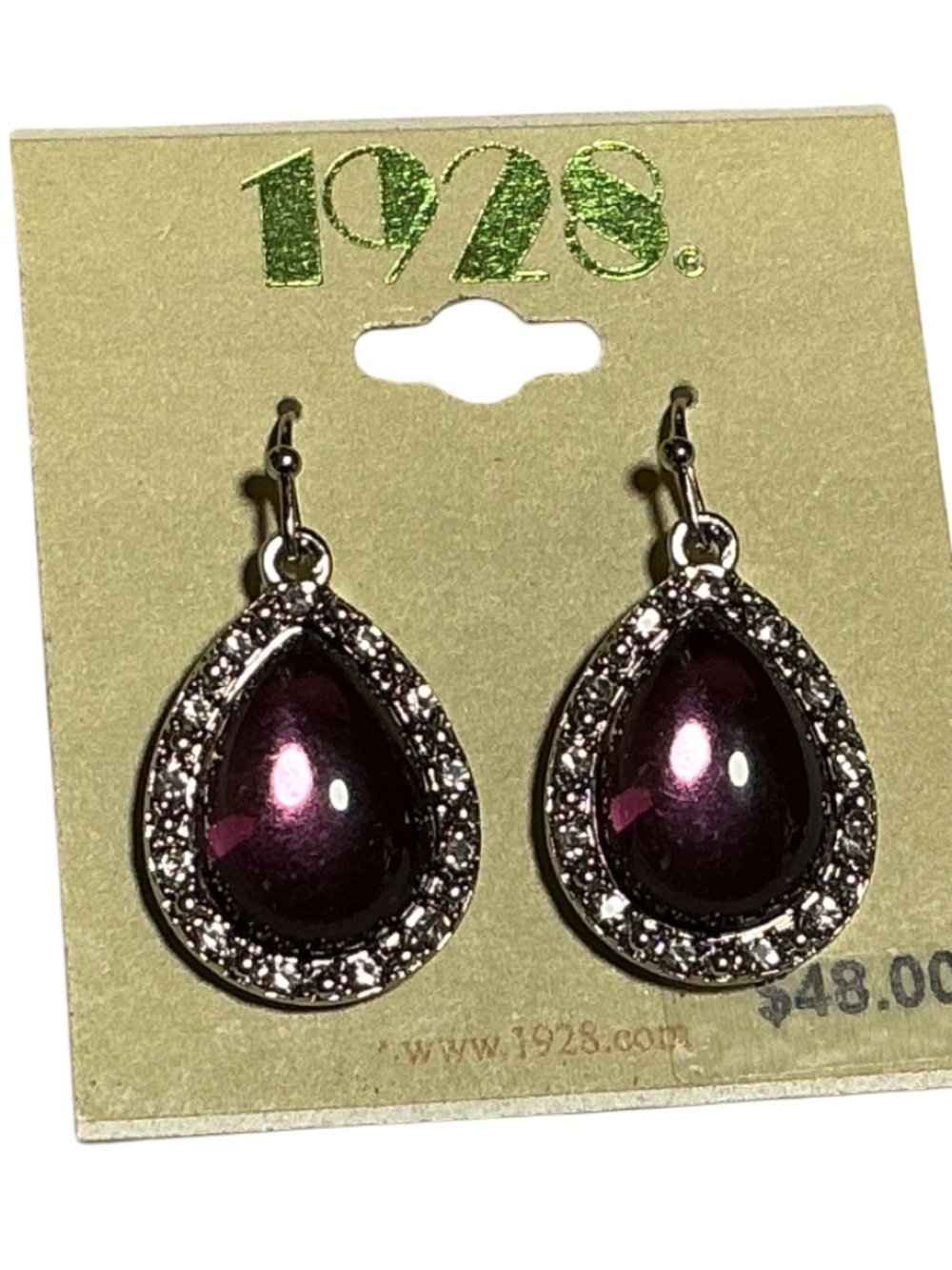 1928 Teardrop Purple Earrings Vintage Style Cabochon Rhinestone Halo Dangle Nwt